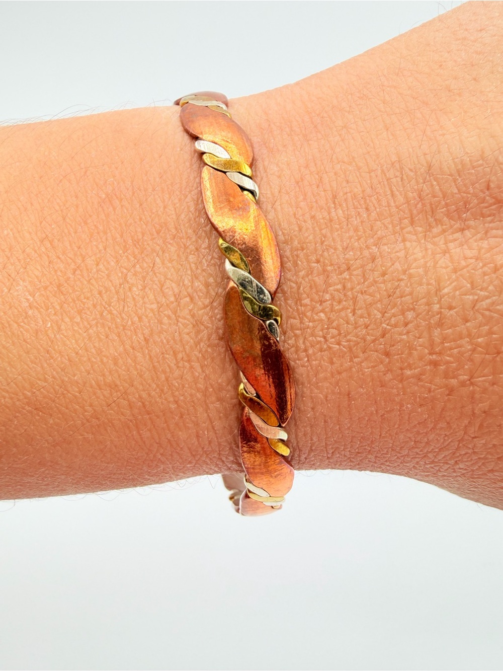 Vintage Copper Tone Twisted Bangle Bracelet Mixed Metal Textured Statement